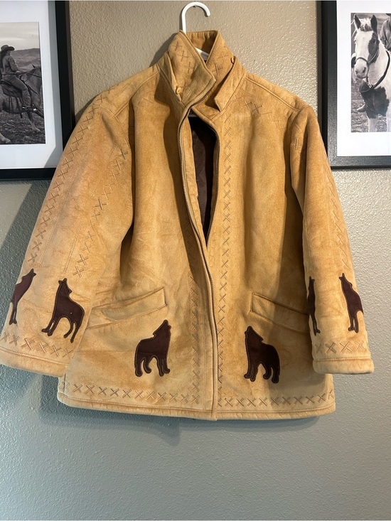 Jackets & Blazers - Tan Faux Suede Jacket with Wolf Applique